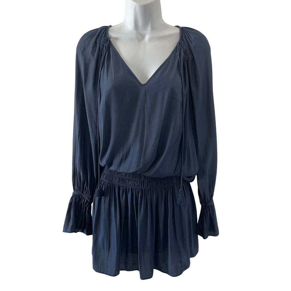 Ramy Brook Lane Dress Womens Extra Small Blue Silky Tassel Peasant Party Mini